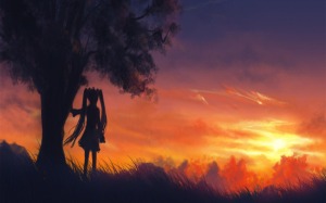 girl under tree and sunset